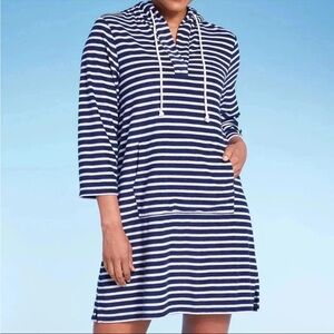 Lands End Terry Navy and White Striped Hooded Tunic Swimsuit Cover Up Dress